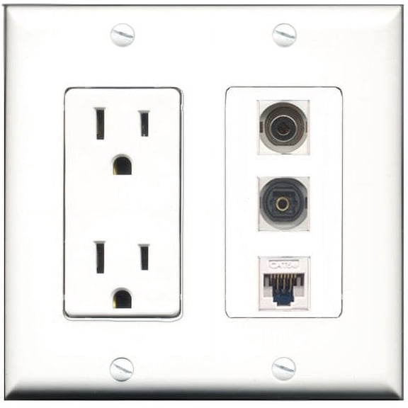 RiteAV - 15 Amp Power Outlet 1 Port Toslink 1 Port 3.5mm 1 Port Cat5e Ethernet White Decorative Wall Plate