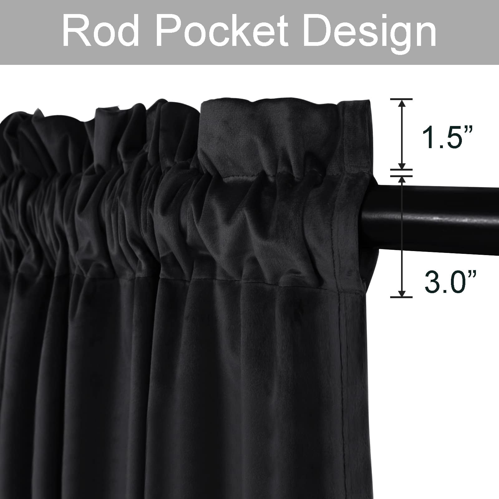 JIUZHEN Extra Long Velvet Curtains 108 inches - Soft Retro Blackout Velvet Drapes Room Darkening Thermal Insulated for Living Room/Gallery, 52W x 108L, 2 Panels with Tiebacks,Black