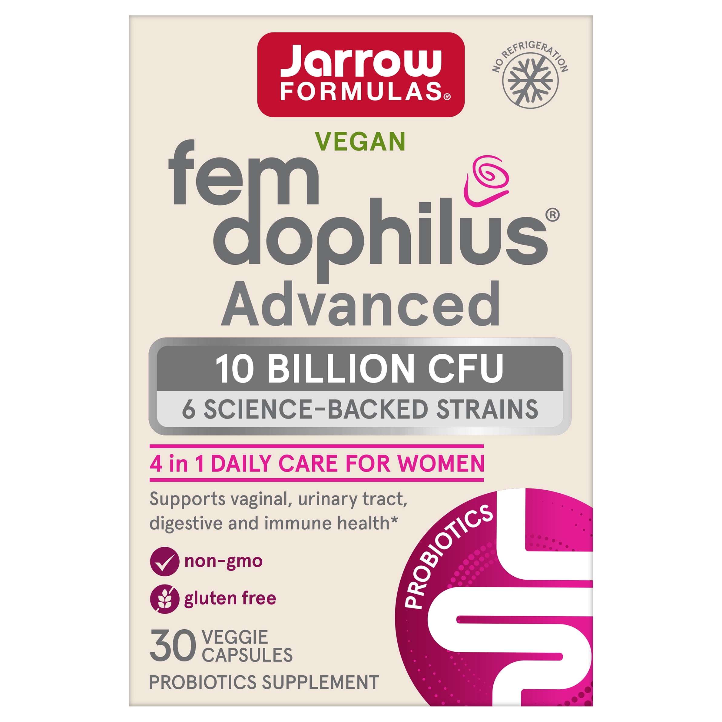 Jarrow Formulas Fem-Dophilus Advanced Vaginal & Digestive Probiotics 10 Billion CFU With 6 Science Backed Strains, For Vaginal, Urinary Tract, Digestive & Immune Support, 30 Capsules, Shelf-Stable