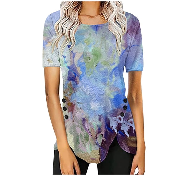Blusas de Manga Corta para las Mujeres Botón Impreso Cuello Redondo Top Casual, Blusas para las Mujeres Casual