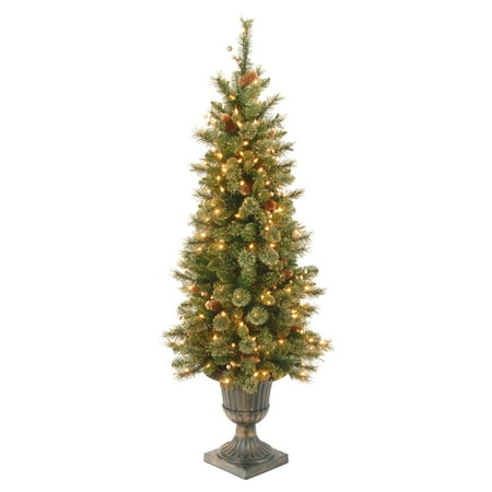 National Tree 4' Glittery Gold Pine Entrance Tree with Berries, Cones and 100 Clear lights in a Dark Bronze Pot