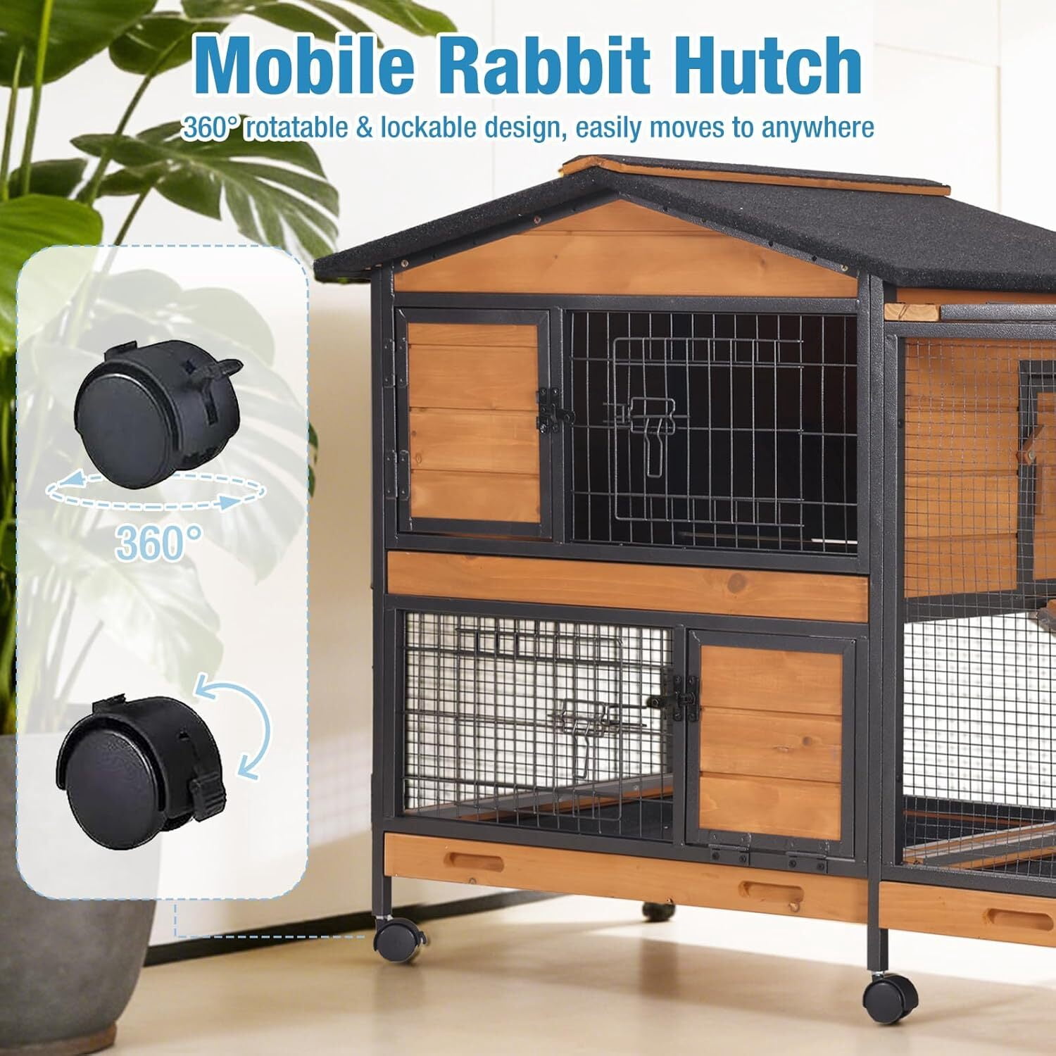 MEDEHOO Rabbit Hutch Indoor, 62’’ Bunny Hutch Outdoor with All-Around Metal Frame, Mobile Rabbit House with Wheels, Wooden Bunny Cage with Leakproof Tray, Chew-Proof Ramp for Guinea Pig(Orange)