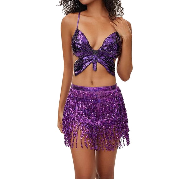 HXWCHs Fringe Sequin Two Piece Skirt Set with Elegant top and Mini Skirt for Partywear and Event Styling One Size Purple