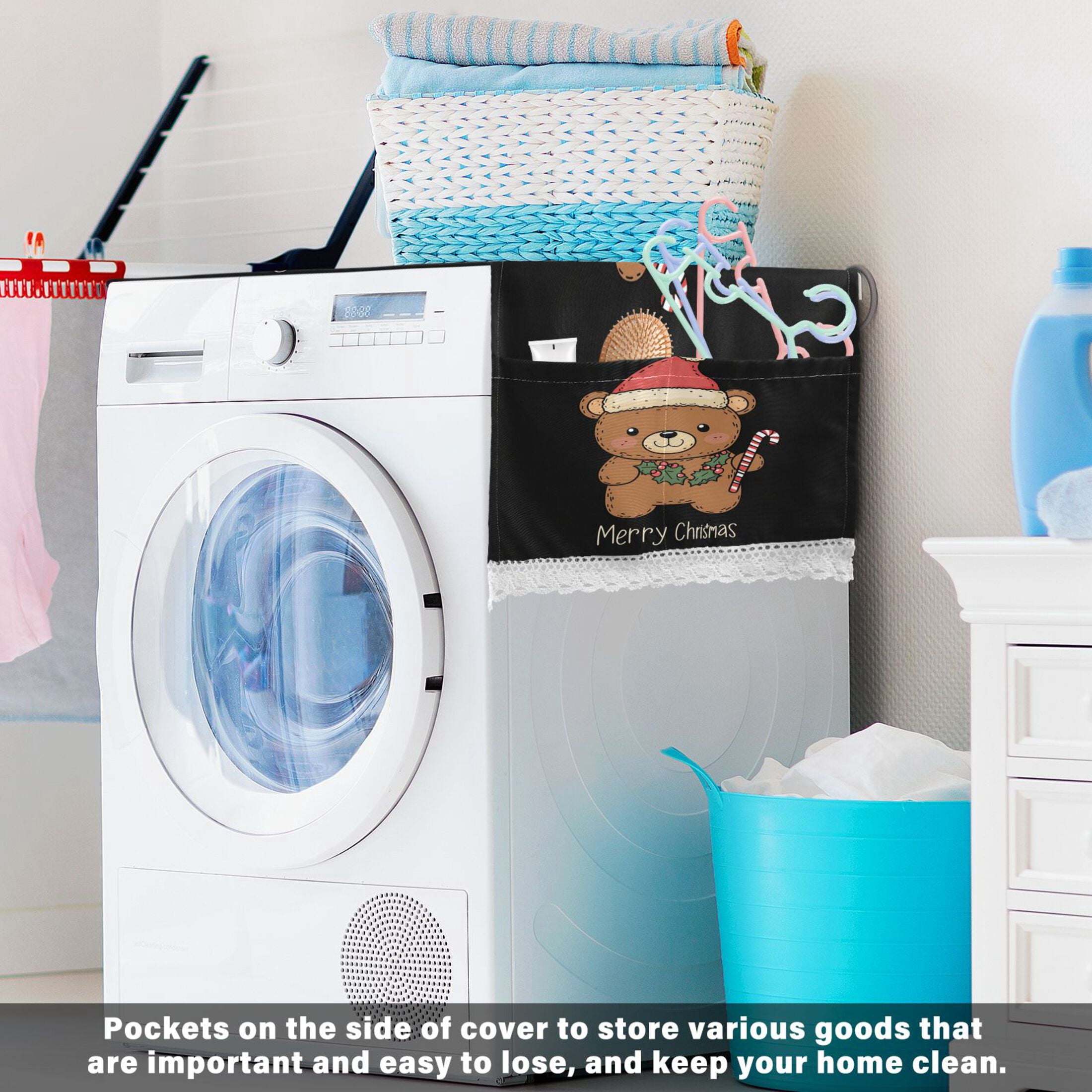 A Cute Teddy BearWasher and Dryer Covers Dust-Proof and Oil Resistant Fridge Cover with 4 Storage Pockets Washing Machine Top Cover for Laundry Kitchen Home 51.2 x 22 In