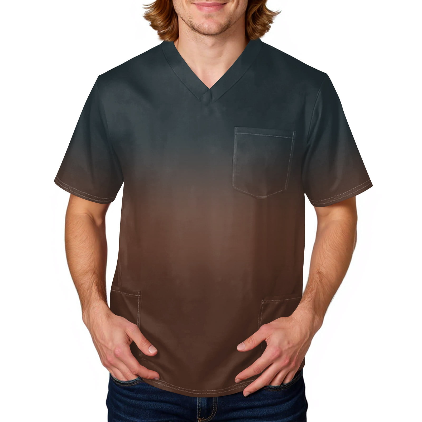 Domuza Men Scrub Top Gradient Tie-Dye Short Sleeve V Neck Nurse Uniform Loose Fit Soft Comfy Medical Scrub Tops with 3 Pockets Black 3XL