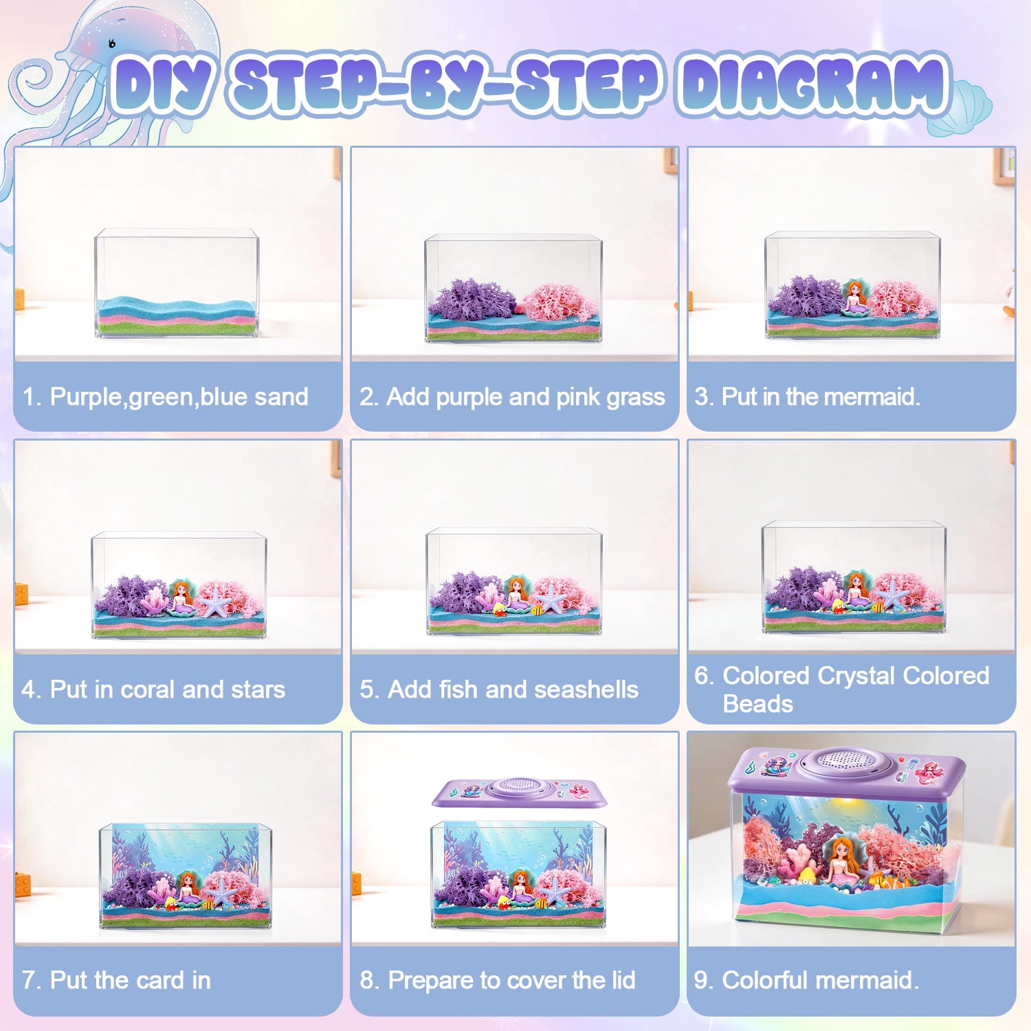 Caunedy Mermaid Terrarium Kit for Kids,DIY Arts and Crafts Kit,Perfect Birthday Gifts for Kid Aged 4-12