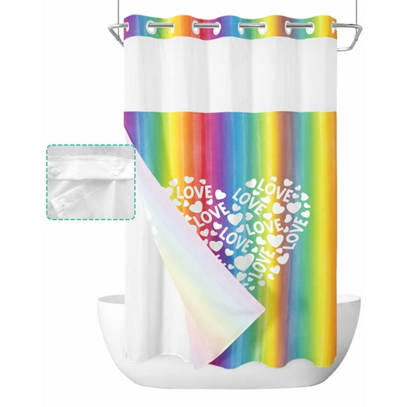 No Hook Shower Curtain with Snap in Liner, White Love Heart Rainbow Gradient Striped Hotel Shower Curtains for Bathroom, Washable Shower Curtain Liner Set with Mesh Top Window, 36"x78"