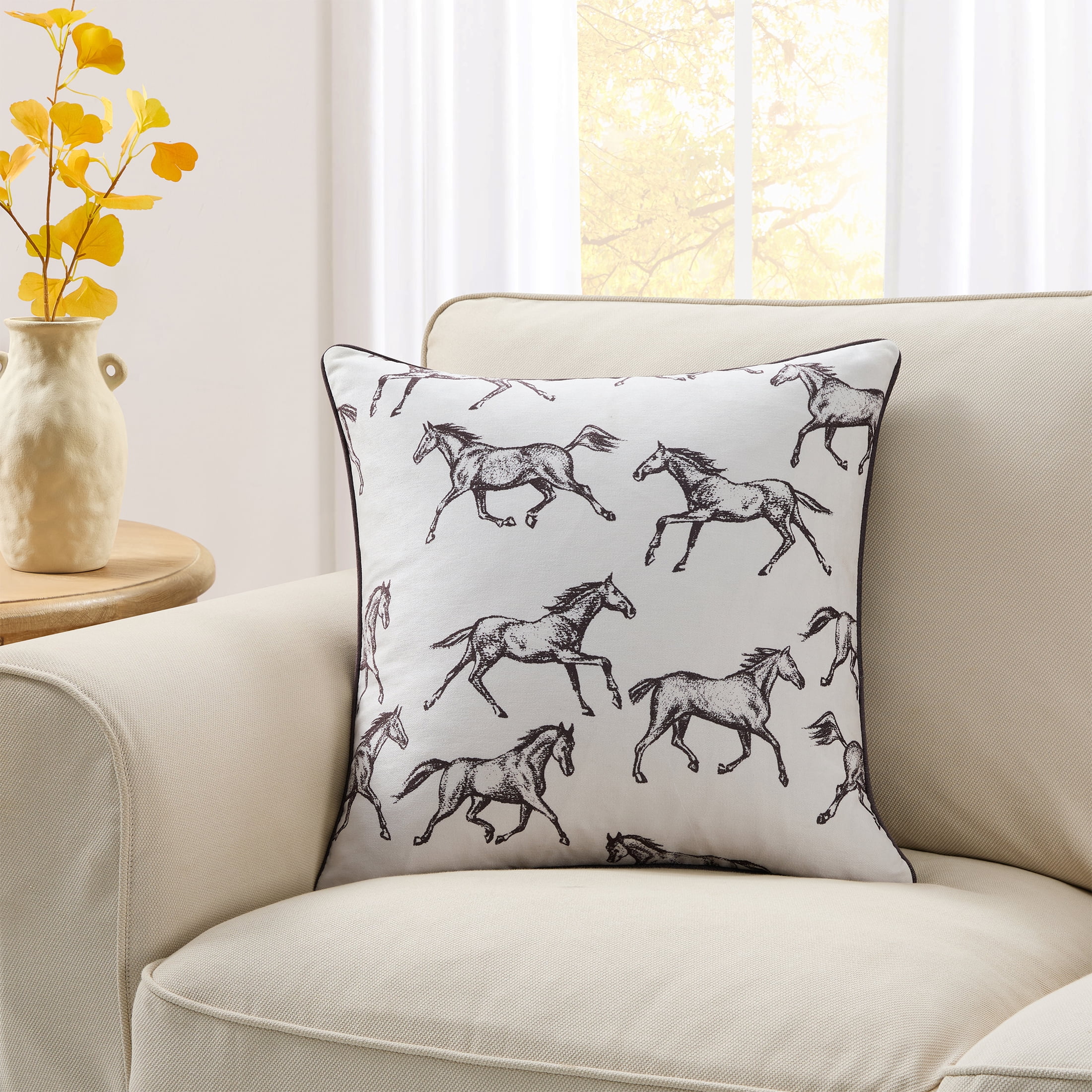 My Texas House 18" x 18" Ivory Running Horses Decorative Pillow Cover