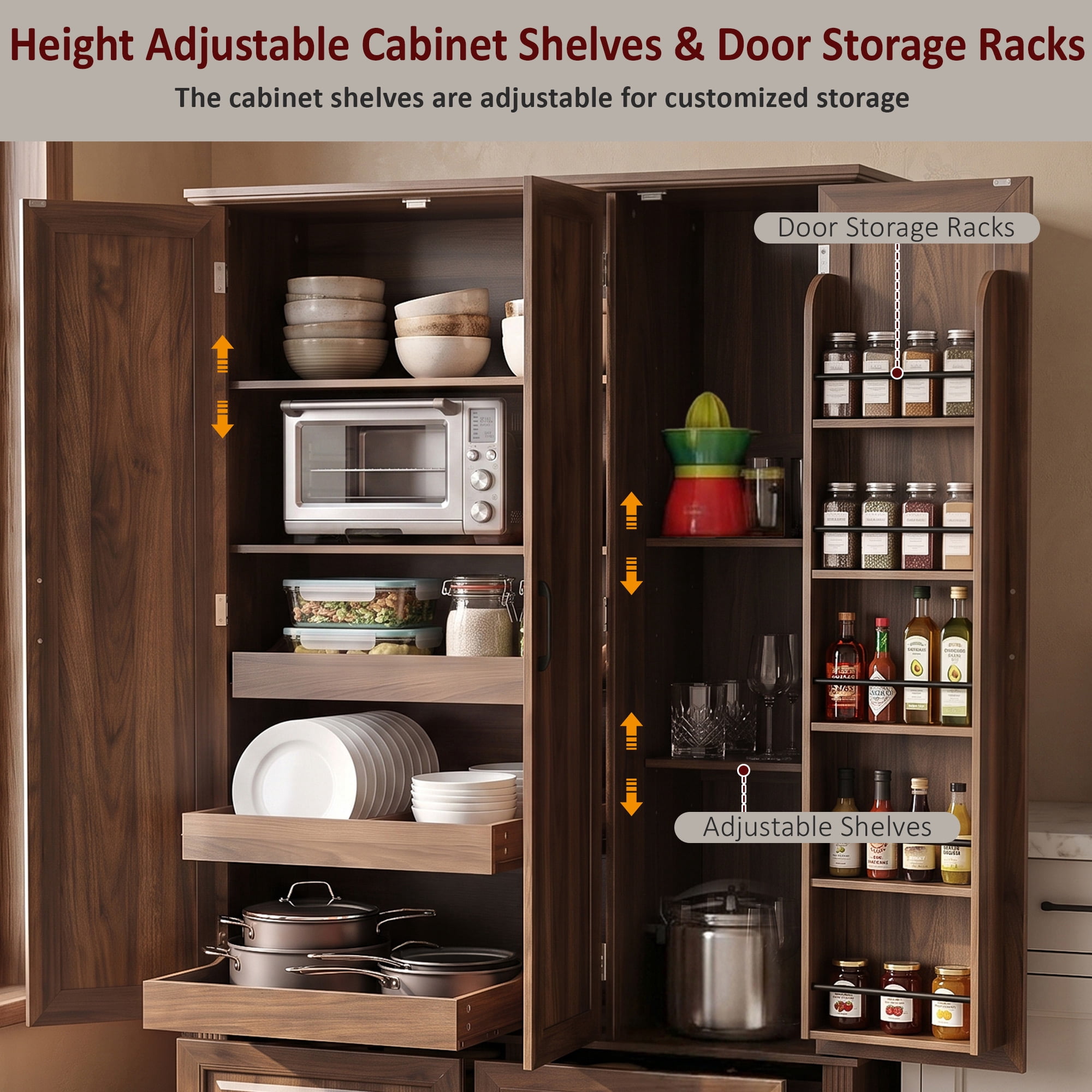 GARITIN 72 Inch Kitchen Pantry Cabinet with 3 Pull Out Trays, Farmhouse Embossed Wood Grain Storage Cabinet with 5 Door Racks, Freestanding Cupboard for Kitchen Dining Room, Walnut Brown