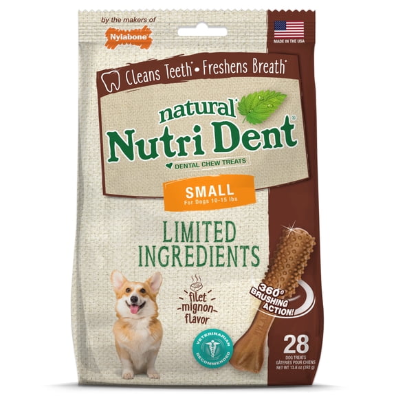 Nylabone Nutri Dent Natural Dental Chews for Dogs, Limited Ingredient Dog Treats, Teeth Cleaning Dental Sticks for Dogs, Filet Mignon Flavor, For Small Dogs (28 Count)
