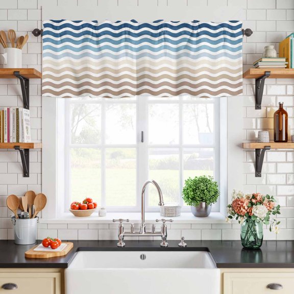 Curtain Valance for Windows Brown Blue Gradient Stripe Short Rod Pocket Kitchen Valances Blackout Curtains Summer Ocean Water Ripple Window Treatment for Living Room Bathroom Bedroom,54"x18"