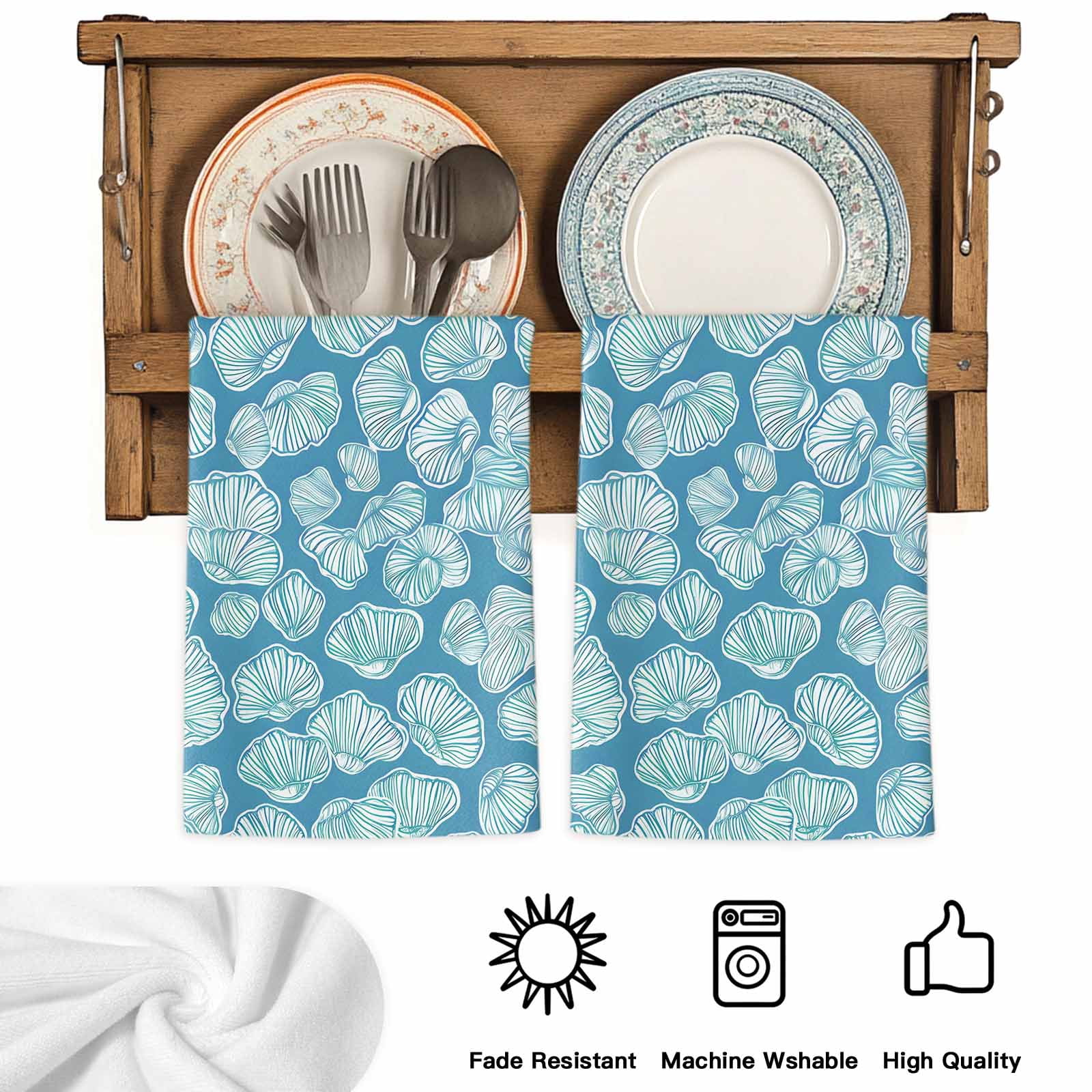 Dish Towels, Blue Conch Shell Absorbent Kitchen Towels 2 PCS, Ocean Marine Life Microfiber Hand Towels Dish Cloths Tea Towels for Home&nbsp;Bathroom Cleaning Drying,18X28-Inch,