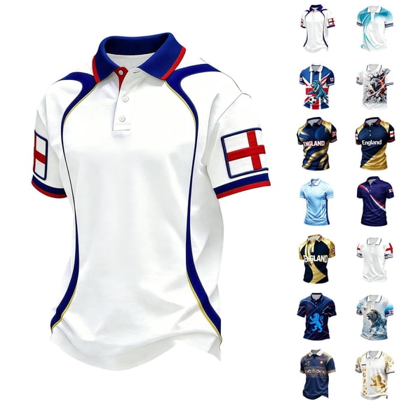 2026 Soccer Cup Jersey for Men, Polo Collar Short Sleeve England St George Cross Flag Graphic Top - Breathable Fan Shirt for Match Day & Casual Wear Black L
