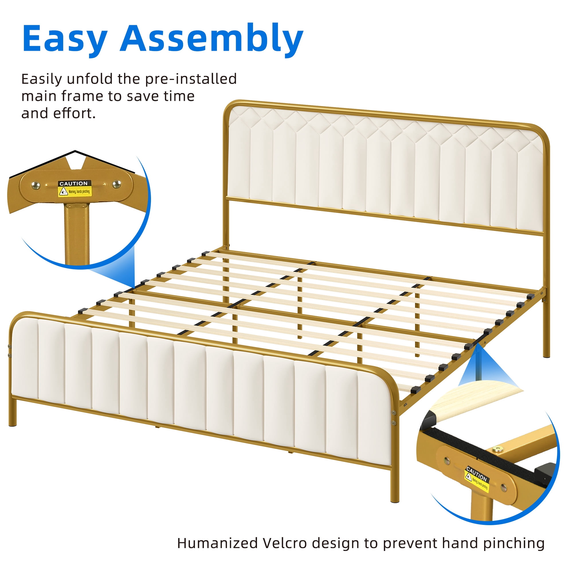 Dextrus Upholstered King Size Platform Bed Frame with Headboard, Wooden Slats Mattress Foundation with Soundproof Cotton, No Box Spring Needed, Beige