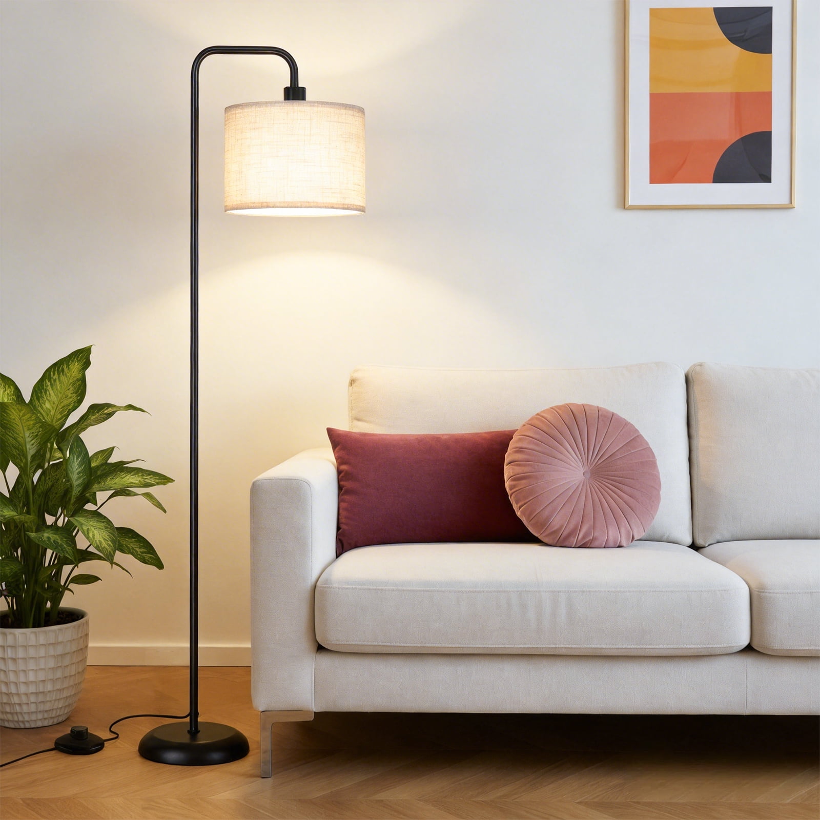 DAYBETTER Floor Lamp for Living Room, Tall Standing Lamp with 3 Color Temperatures, 850 Lumens LED Bulb, Foot Switch, Modern Metal Pole with White Shade for Bedroom, Office (Black)