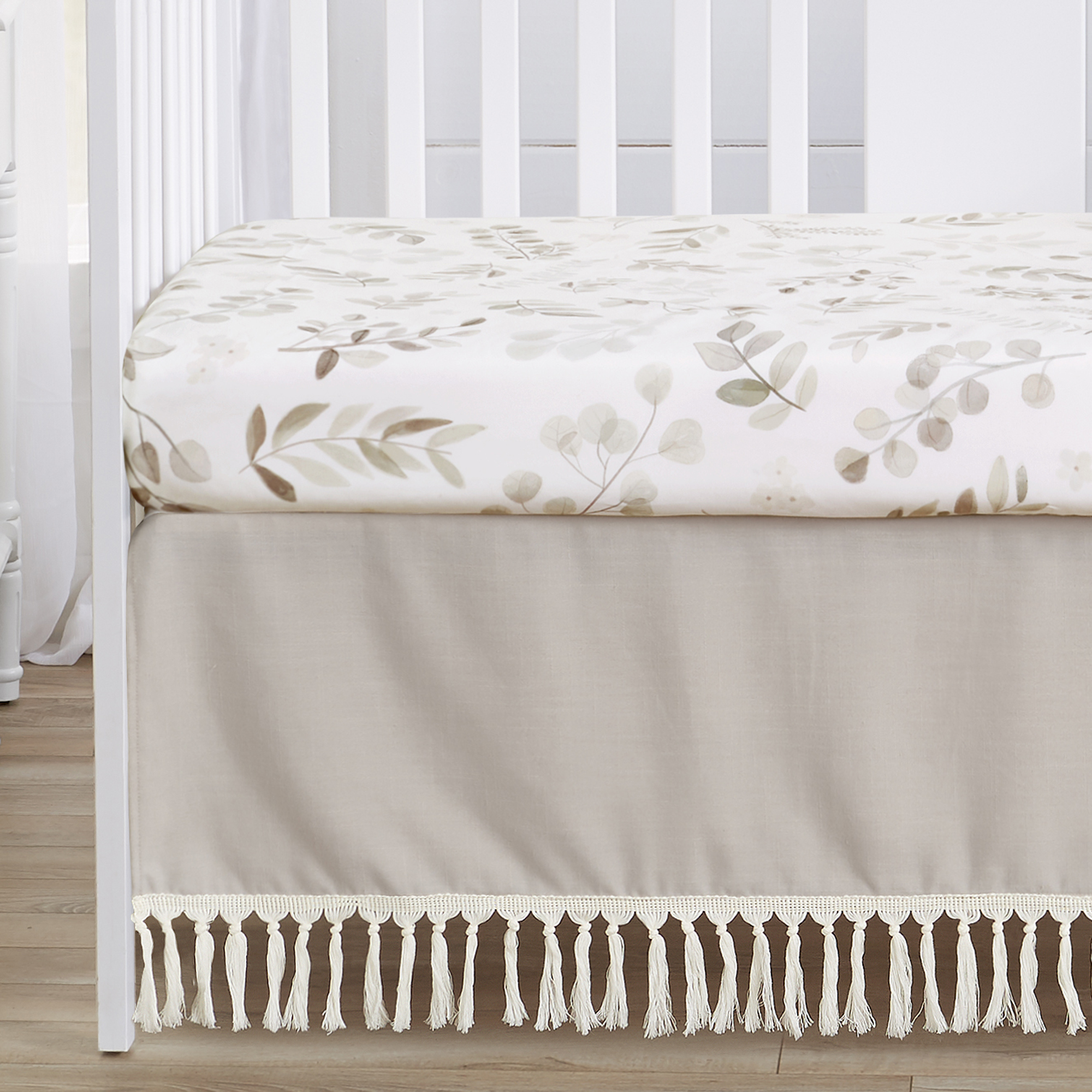 Sweet Jojo Designs Botanical Leaf Linen Beige Off White 4 Piece Crib Bedding Set