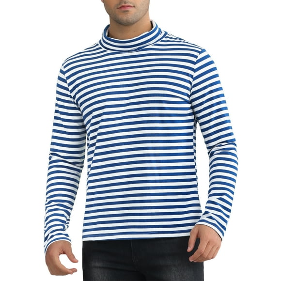 Camiseta de cuello alto a rayas inspirada en Chic para hombre, de manga larga, pullover, camiseta a rayas, S, azul marino y blanco