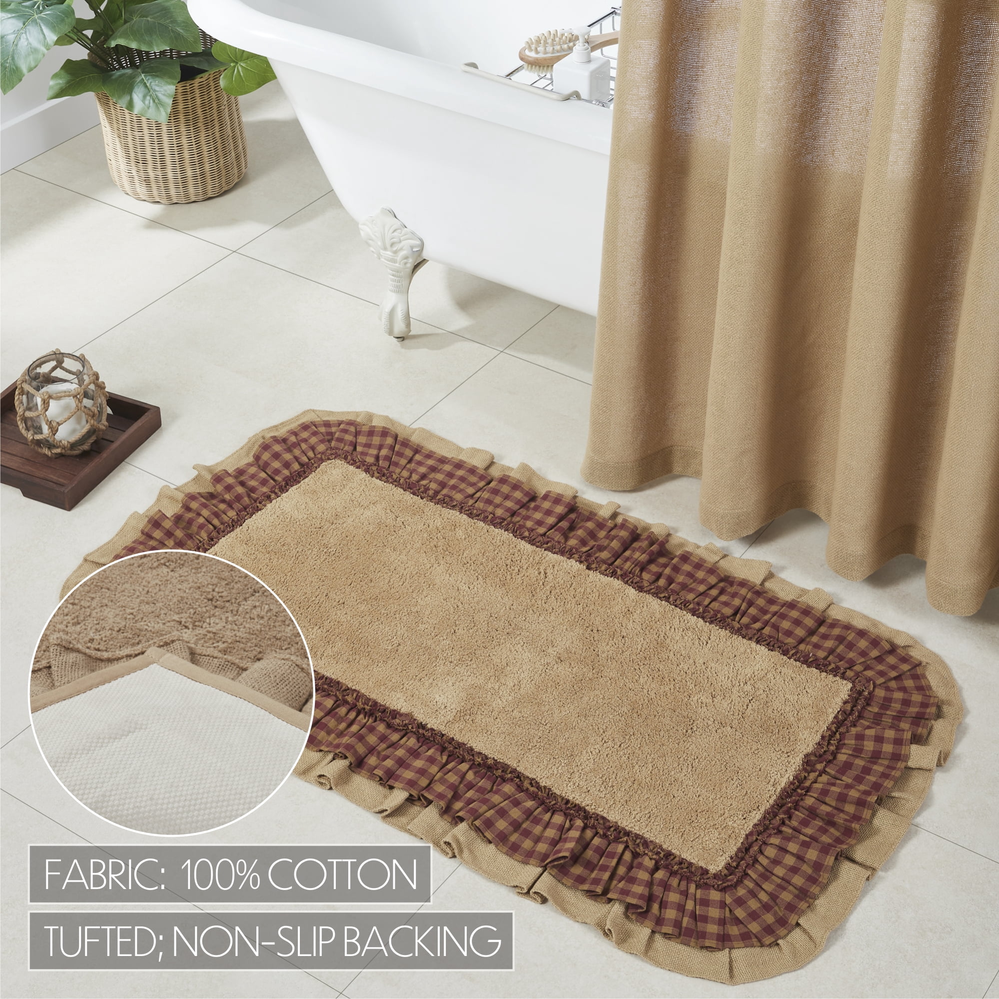 VHC Brands Burlap Check Bath Mat, Natural and Burgundy, 27x48