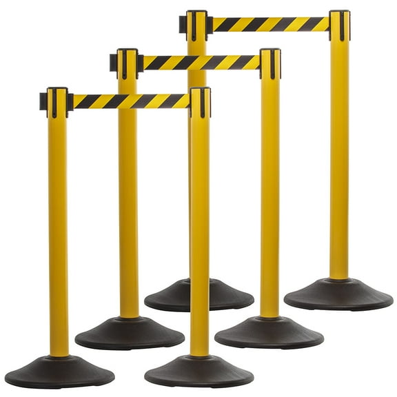 US Weight Heavy Duty Yellow Premium Steel Stanchion with 7.5-Foot Chevron Retractable Belt (Pack of 6)