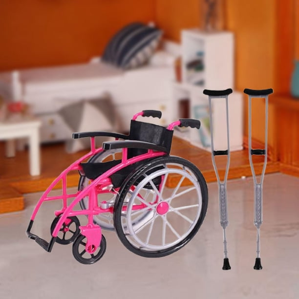 Kit De Silla De Ruedas Y Muletas En Miniatura SUPVOX – Modelo Plegable Rosa Para Casa De Muñecas, Accesorio Realista Para Decoración Y Paisajismo