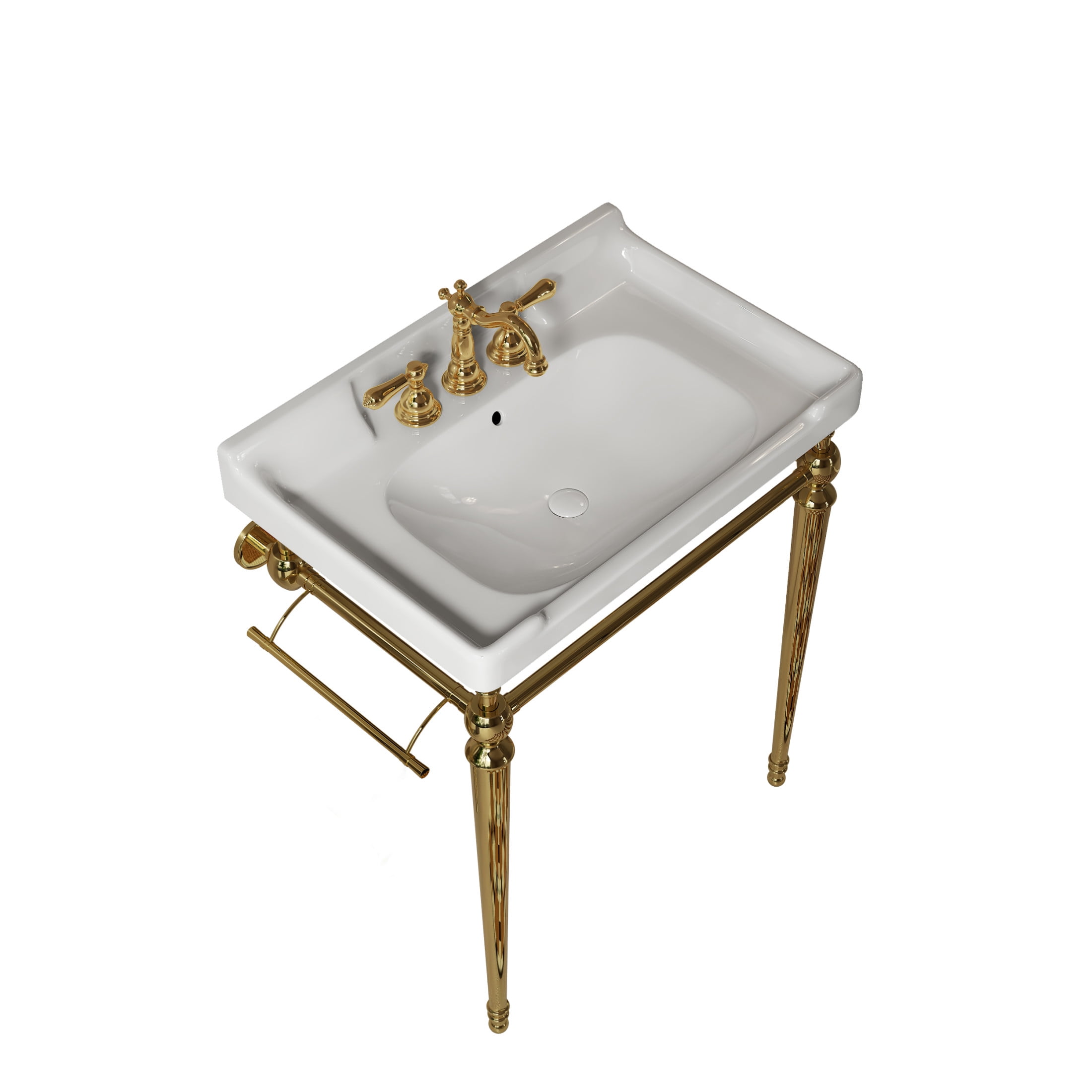 Noble House VICI 28" Bathroom Console Sink, Wall-Mounted Ceramic Basin Vanity with Stainless Steel Legs, White & Gold