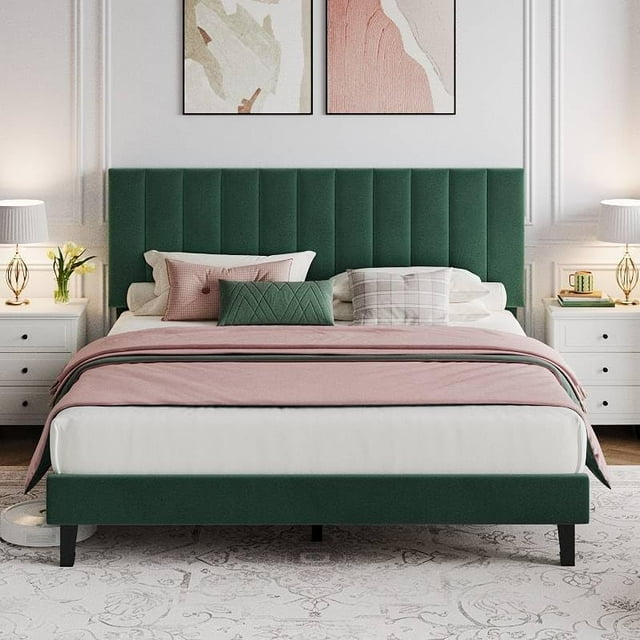 Queen Size Bed Frame, Velvet Upholstered Platform Bed with Adjustable Vertical Channel Tufted Headboard, No Box Spring Needed, Easy Assembly, Dark Green