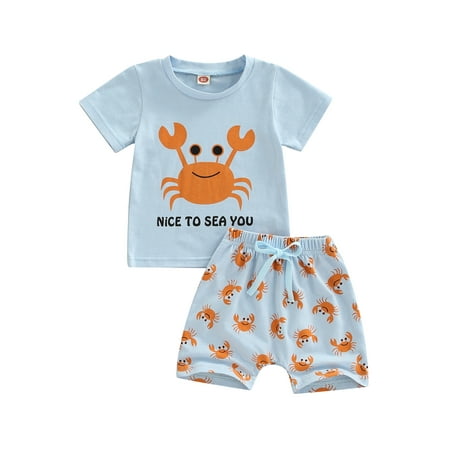 

jaweiw Infant Baby Boys Casual Clothes Set Short Sleeve Letter Cartoon Crab Printed Tops T shirt + Printed Short Pants