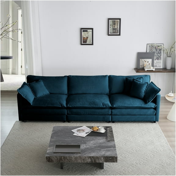JERFIT Mid-Century Modern 3-Seater Sofa with Pillows, Blue Chenille Upholstered Fabric Couch for Living Room