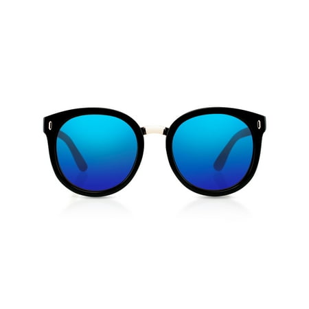 Vintage Classic Round Horned Stylish Wood Wooden Bamboo Eyewear Retro Sunglasses Black Frame with Blue