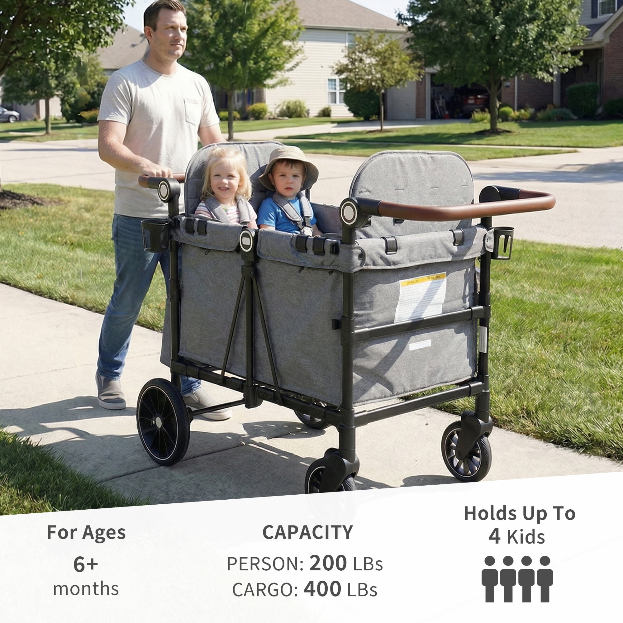 AILEEKISS Wagon Stroller for 4 Toddlers, 4-in-1 Baby Wagon with Canopy, 59 Pounds, Grey