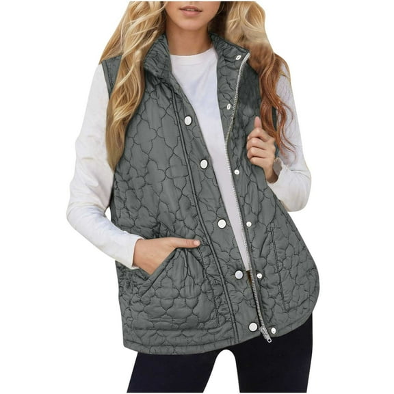 Womens Winter Vests Sleeveless Fleece Jacket Zip Up Stand Collar Long Warm Coat with Pockets Outerwear
