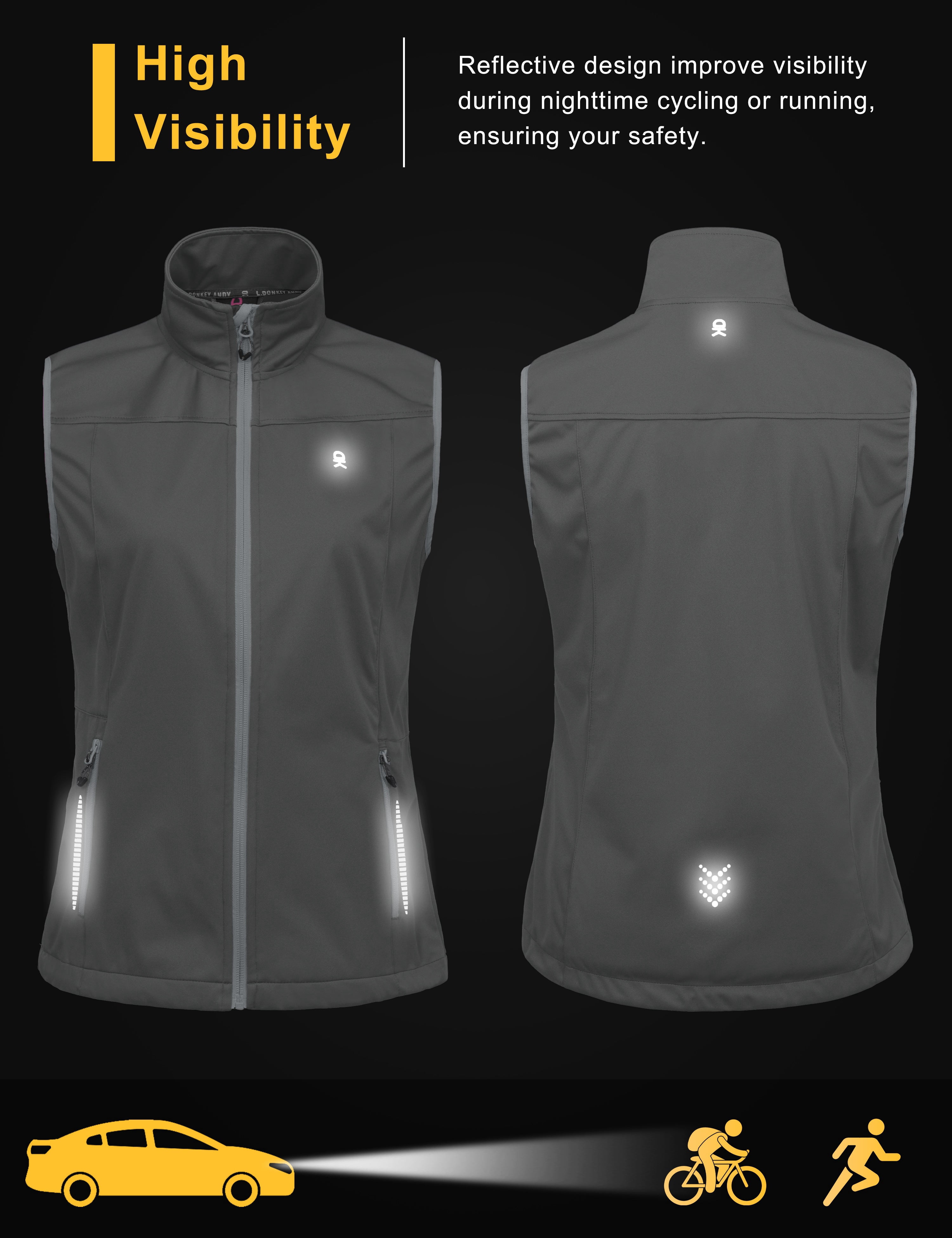 Little Donkey Andy Women's Lightweight Softshell Vest Windproof Sleeveless Jacket for Running Hiking Travel Reflective Gray L
