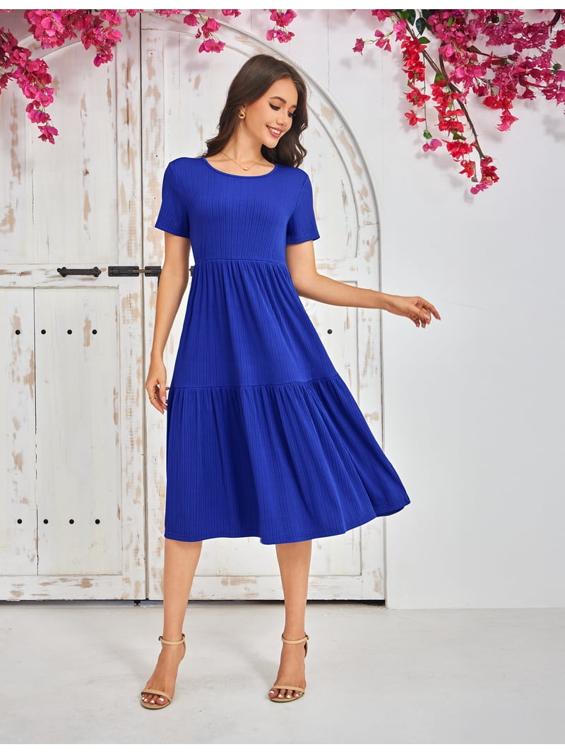 royal blue dress with short sleeves Voianlimo Womens Dresses Casual Short Sleeve A-line Tiered Summer Midi Royal Blue Dress M, Women's, Size: Medium