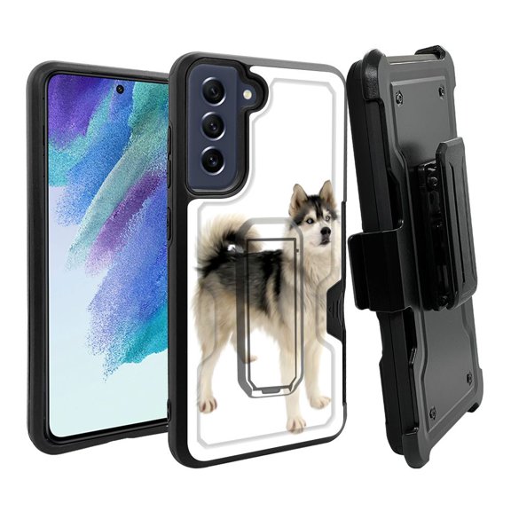 ANJ  Rugged Dual Layer Hybrid Holster Kickstand Case w/ Card Slot   Tempered Glass Cover for Samsung Galaxy S21 FE 5G - Husky