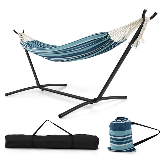 Gymax Ensemble de Hamacs Doubles Portable Intérieur Extérieur pour 2 Personnes avec Support et Étuis de Transport