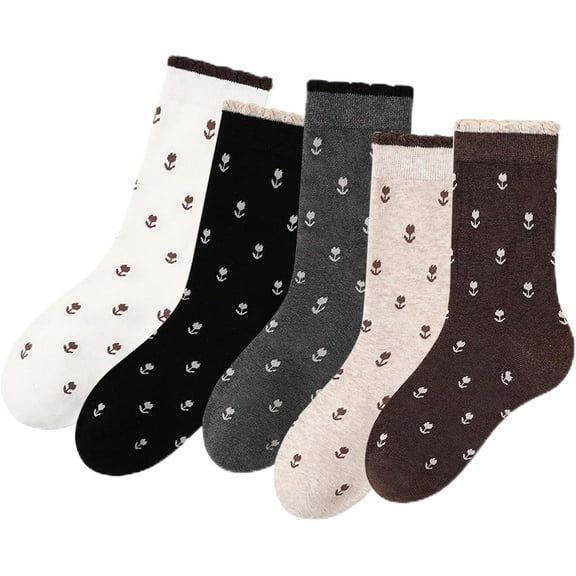 5 Pairs Women’s Cotton Crew Socks - Cute Floral Pattern Frilly Casual Socks, Cozy Breathable for Teen Girls, US 5-9