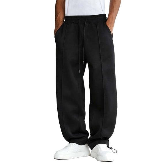 Iugvhana Men's Baggy Wide Leg Sweatpants Loose Elastic Waist Track Pants Drawstring Casual Straight Trousers with Pockets Black L