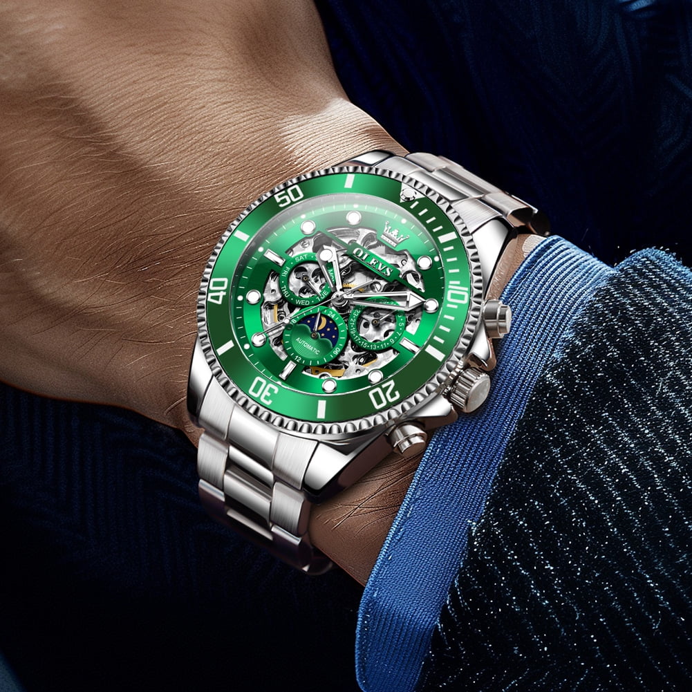 OLEVS Automatic Watches for Men Skeleton Self Winding Mechanical Fashion Dress Chronograph Moon Phase Stainless Steel Waterproof Luminous Mens Wrist Watches Gift Reloj Para Hombre