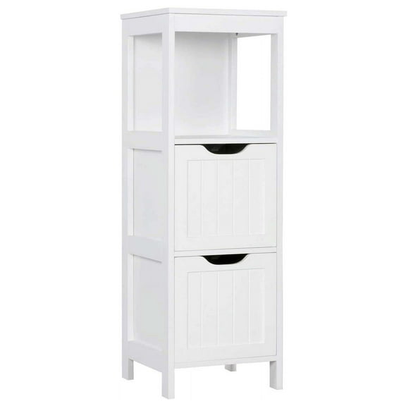 Bathroom Floor Cabinet, Wooden Storage Cabinet with 2 Drawers, Multifunctional Side Organizer Rack Stand Table, White