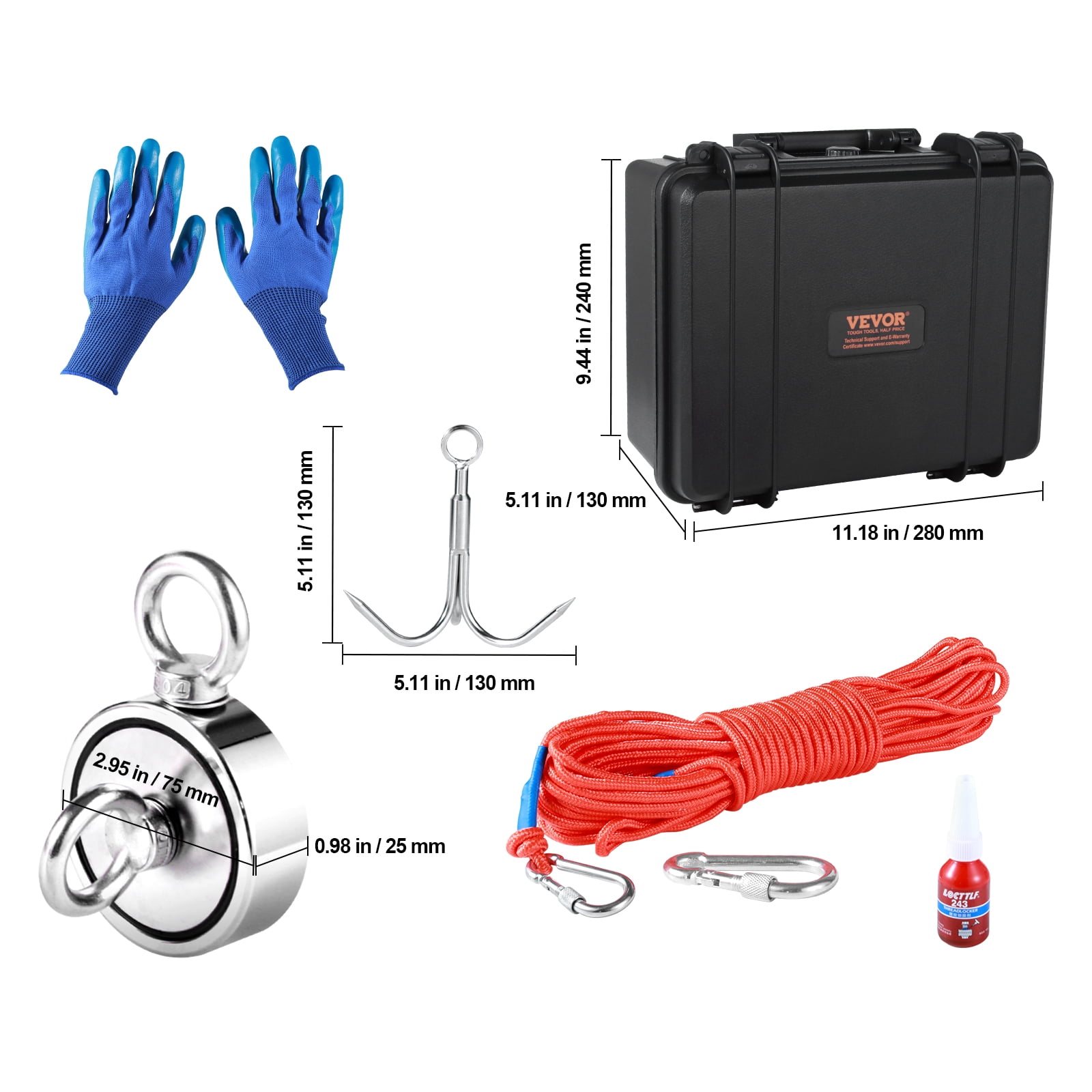 VEVOR Magnet Fishing Kit, 1200lbs 2.95inch Diameter Double Sided Fishing Magnets, Strong Neodymium Magnet with Heavy Duty 65FT Rope, Grappling Hook, Waterproof Case, Gloves, Threadlocker, Eye Bolt