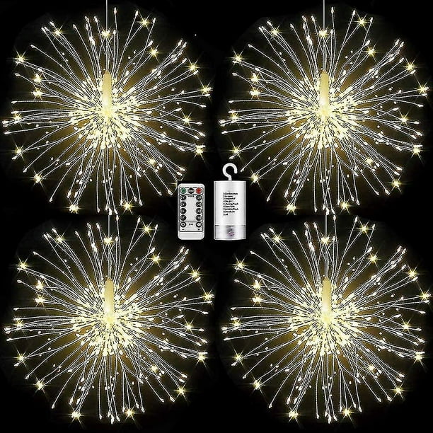 Luces de fuegos artificiales, paquete de 2 luces LED de alambre de cobre, luces de fuegos artificiales, luces de hadas, fuegos artificiales de Navidad, cadena regulable, 8 modos