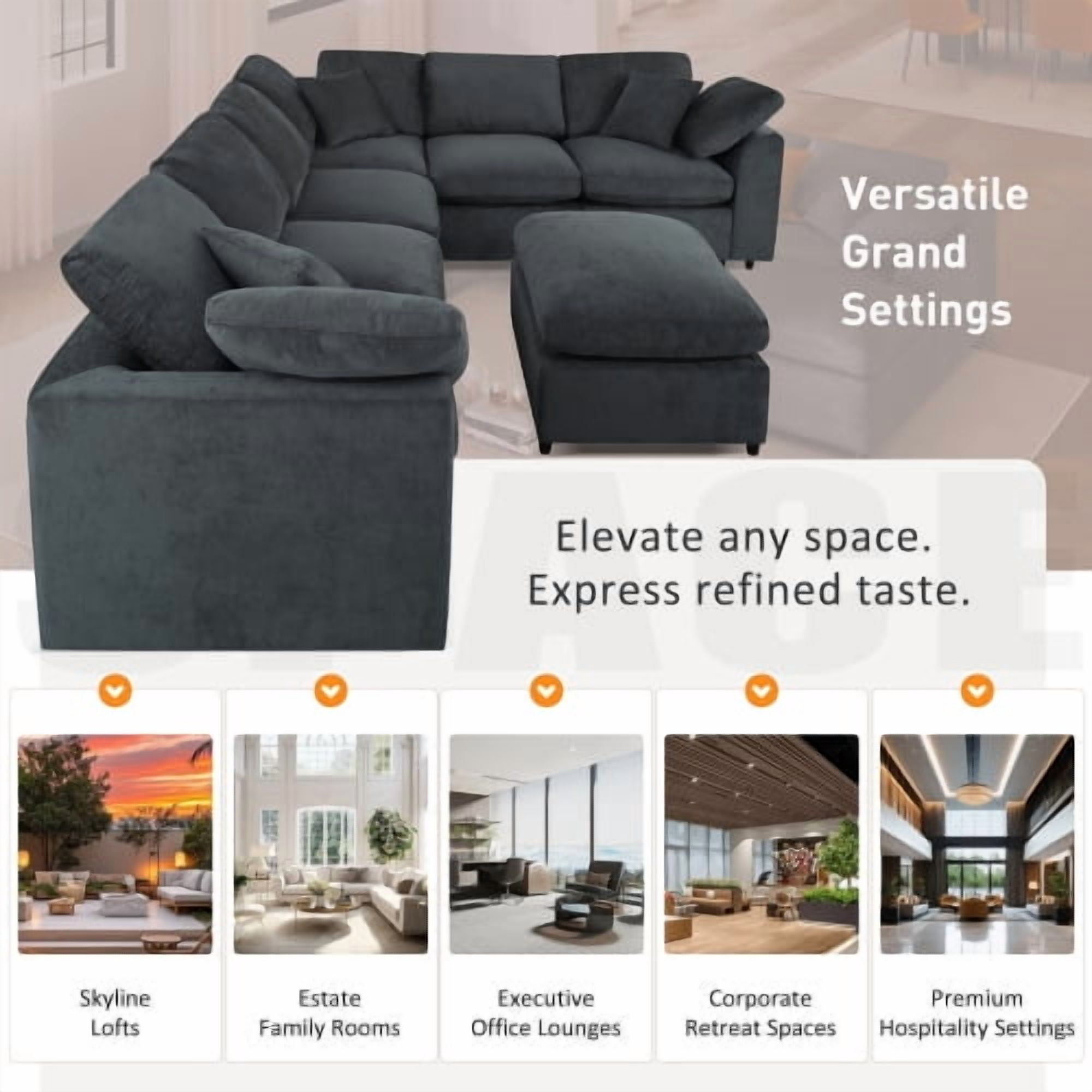 120.8" U_Style Extra Large 7-Seater L-Shape Modular Sectional Sofa with Movable Ottoman, Plush Chenille Fabric, Solid Pine Wood Frame for Living Room and Office, Gray
