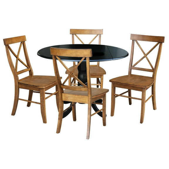 International Concepts Solid Wood 5-Piece Dining Set with 42 in. Dual Drop Leaf Table and 4 Cross Back Dining Chairs in Black/Pecan