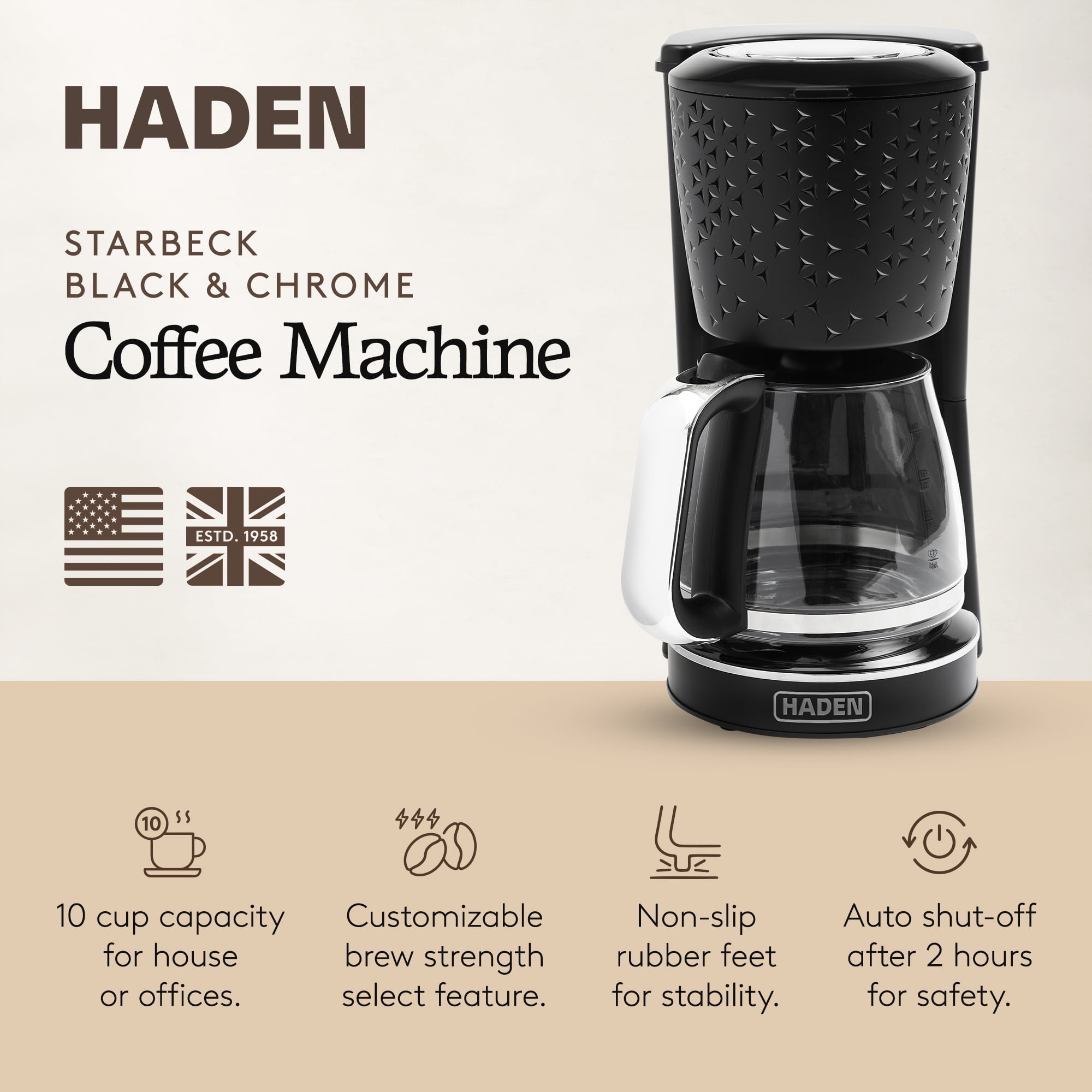 Haden Starbeck Coffee Machine, 10 Cup Auto Coffee Maker, Black & Chrome