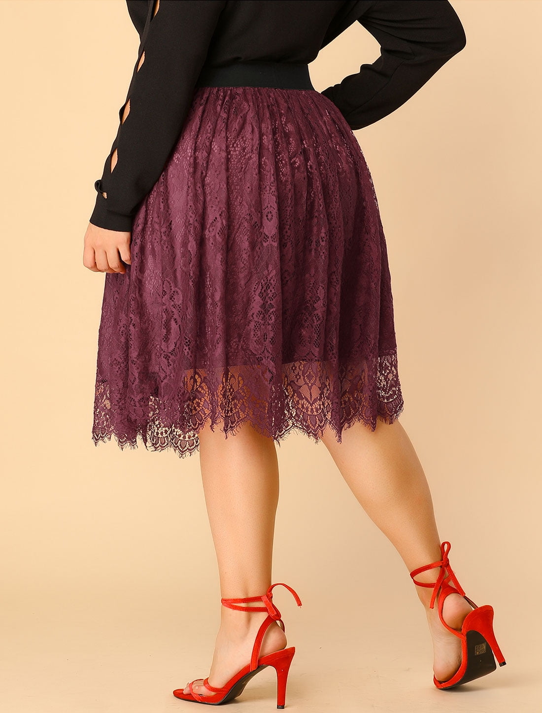 Agnes Orinda Womens Plus Size Knee Length High Waist A-line Flare Lace Skirt