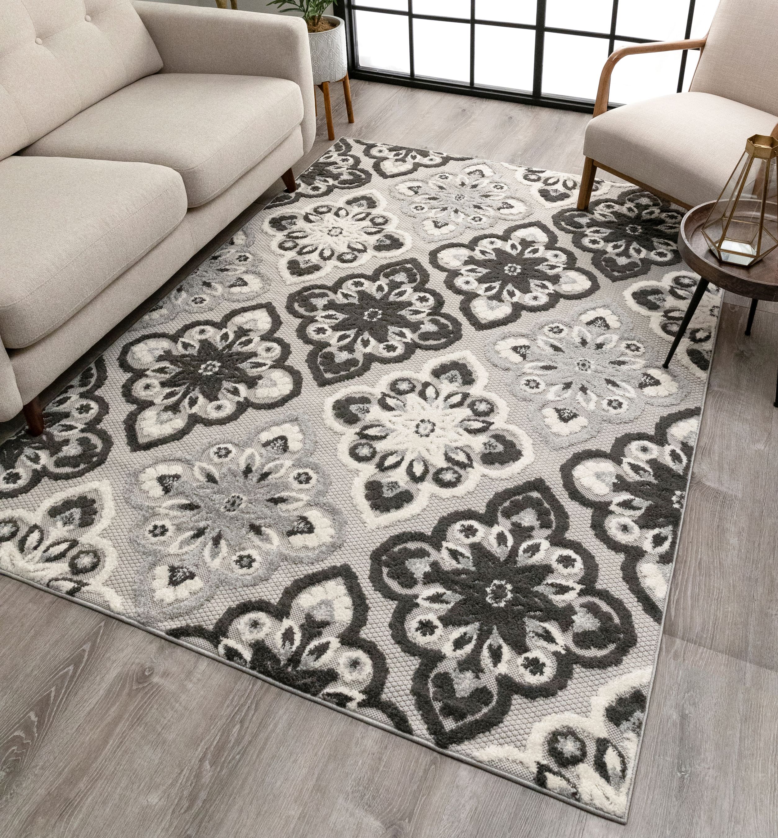 Well Woven Bodrum Grey Indoor/Outdoor Floral Panel Area Rug High
