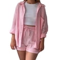 thumbnail image 1 of MKLEKYY Pijama Corto Para Mujer, Camisa De Manga Larga Con Cuello De Primavera Liso, Pantalones Cortos De Cintura Alta Con Cordón, Conjunto Informal De Moda Grande, 1 of 4
