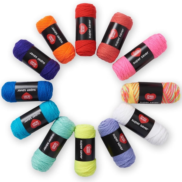 Red Heart Super Saver - Kit de hilo Super Craft Brights, con 12 unidades de 50 g/1.7 oz 4 hilos medianos para tejer y ganchillo, 12 colores, perfectos para suéteres gruesos, mantas, Amiguru