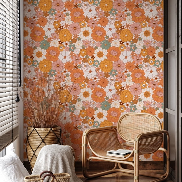 1 Roll Self-Adhesive Wallpaper, Orange Floral Pattern Contact Paper, Peel And Stick, Waterproof Removable Living Room Kitchen Bedroom Dormitory Wallpaper, Furniture Refurbishment Wallpaper, Aesthetic