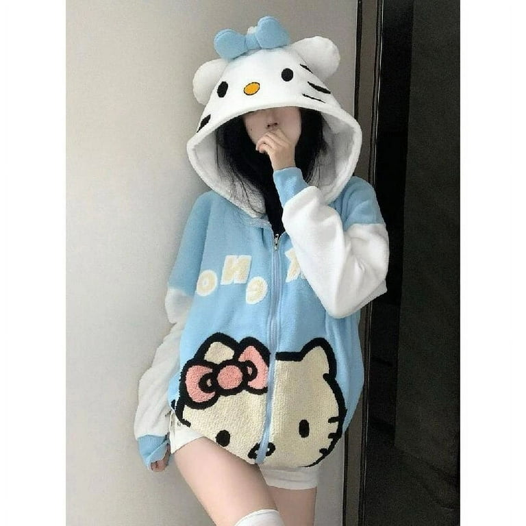 YC Sanrio Hello Kitty Lamb Fleece Hooded Anime Cartoon Kitty Zipper Jacket Sweatshirt Women s
